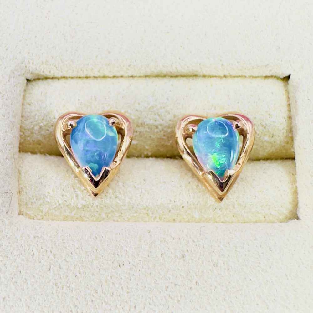 14ct Gold Pear Cut Black Opal Heart Stud Earrings