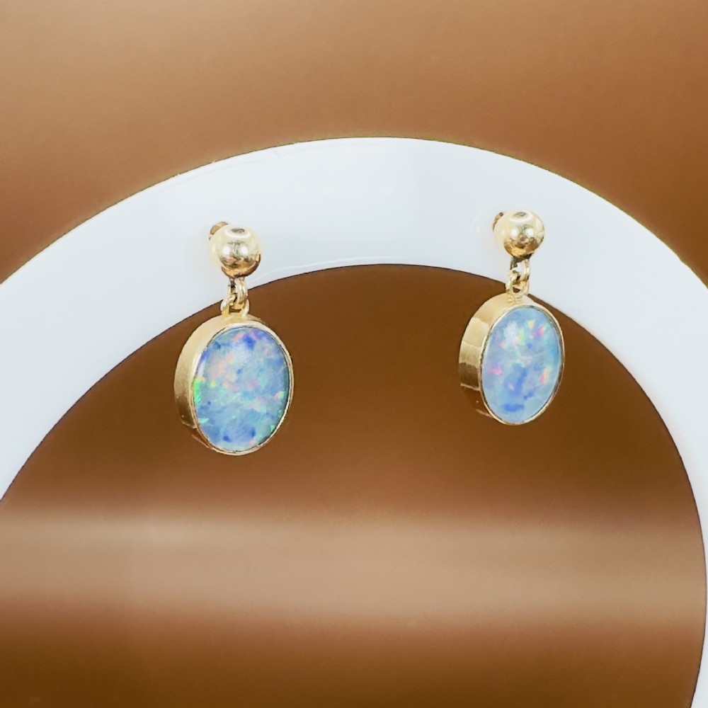9ct Gold Oval Cabochon Black Opal Doublets Drop Stud Earrings