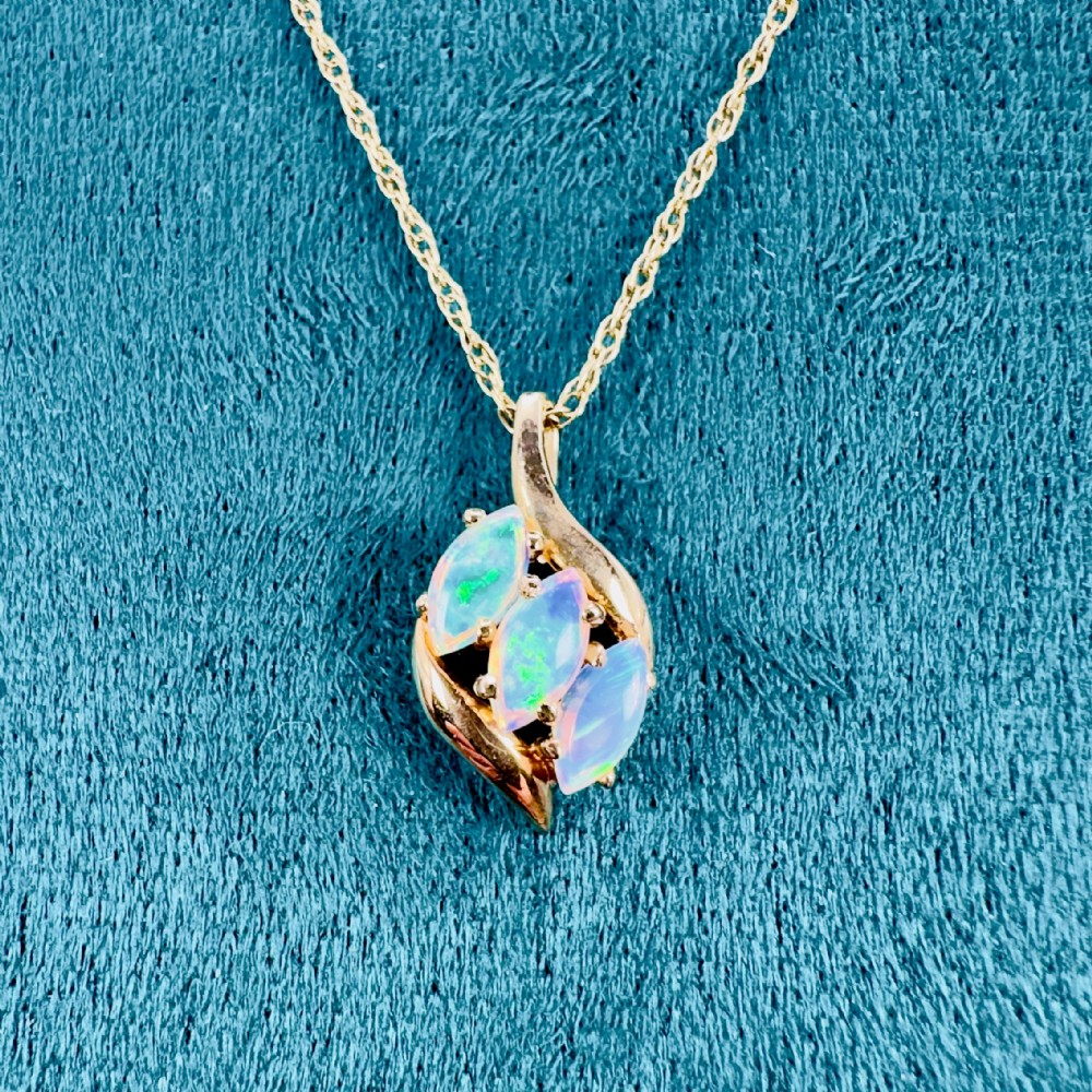 10ct Gold Triple Marquis Cut Black Opal Pendant Necklace