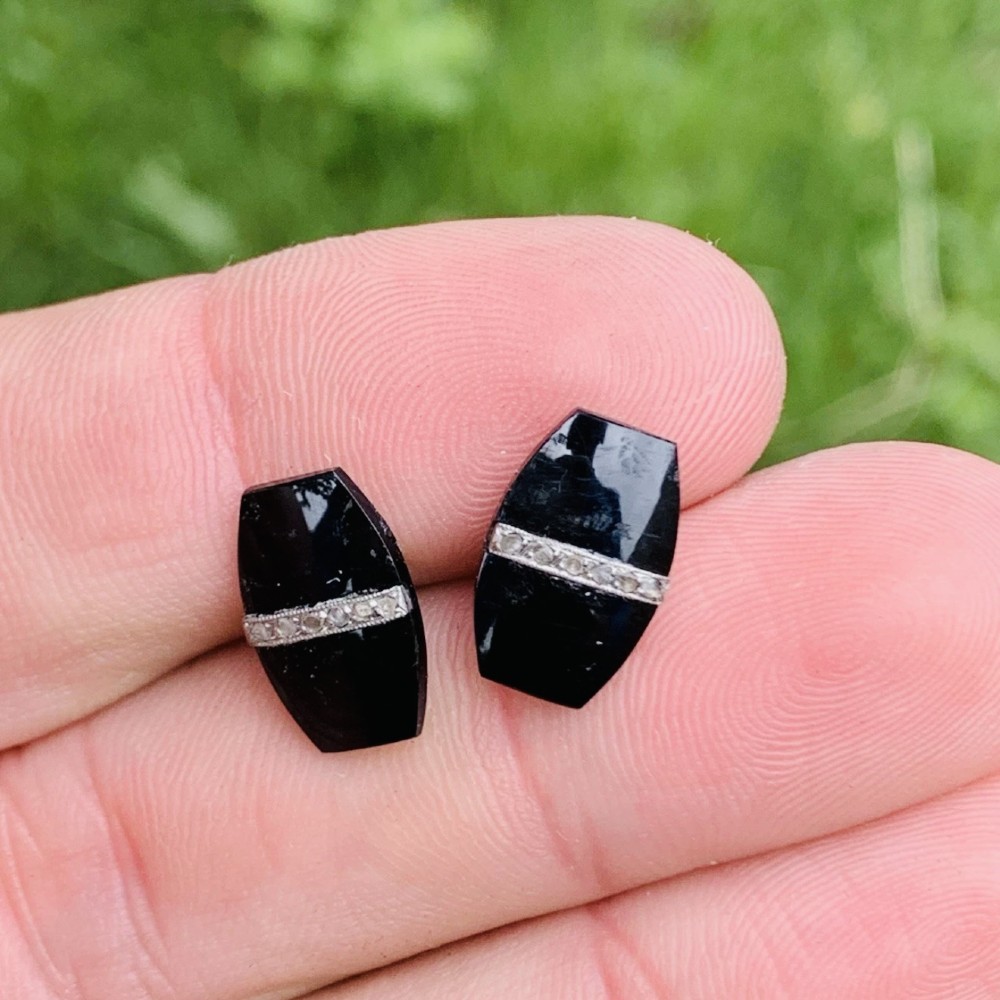 French Art Deco 18ct Gold Onyx & Rose Cut Diamond in Platinum Strip Stud Earring View II