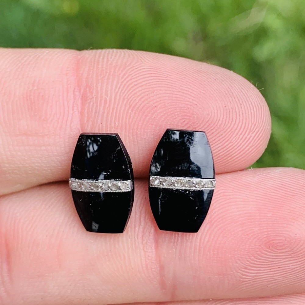 French Art Deco 18ct Gold Onyx & Rose Cut Diamond in Platinum Strip Stud Earring