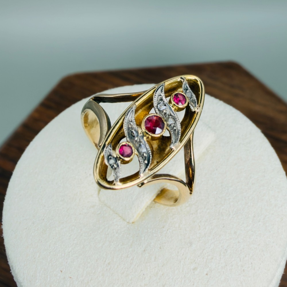 18ct Gold Art Nouveau Ruby and Diamond Navette Style Ring with 9ct Gold Band C.1880