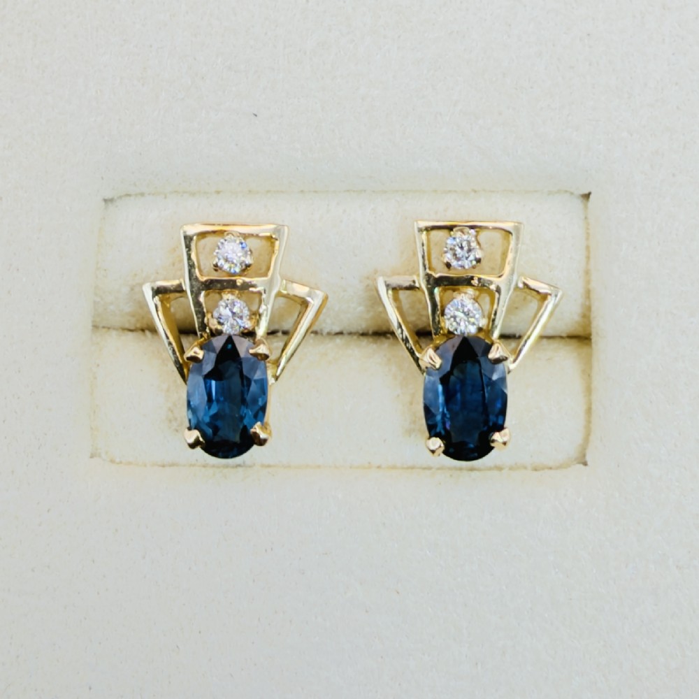 Art Deco 18ct Gold Oval Cut Sapphire and Diamond Stud Earrings, C.1920's