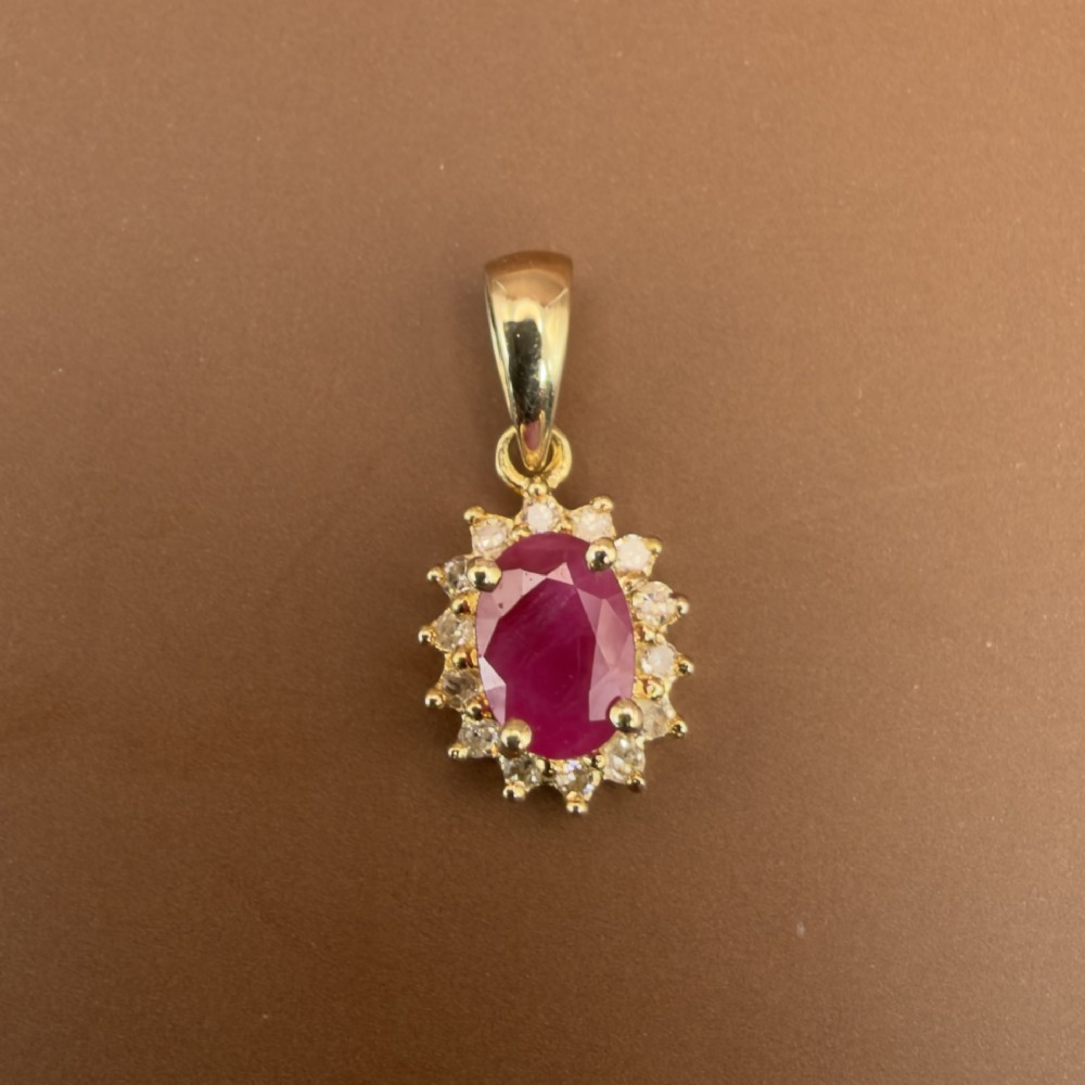 14ct Dold Oval Cut Ruby and Diamond (0.15ct) Cluster Pendant