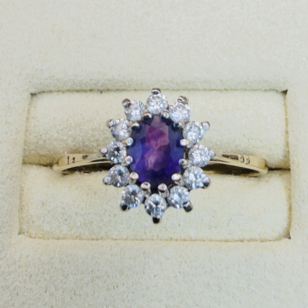 9ct Gold Vintage Amethyst and White Spinel Cluster Ring