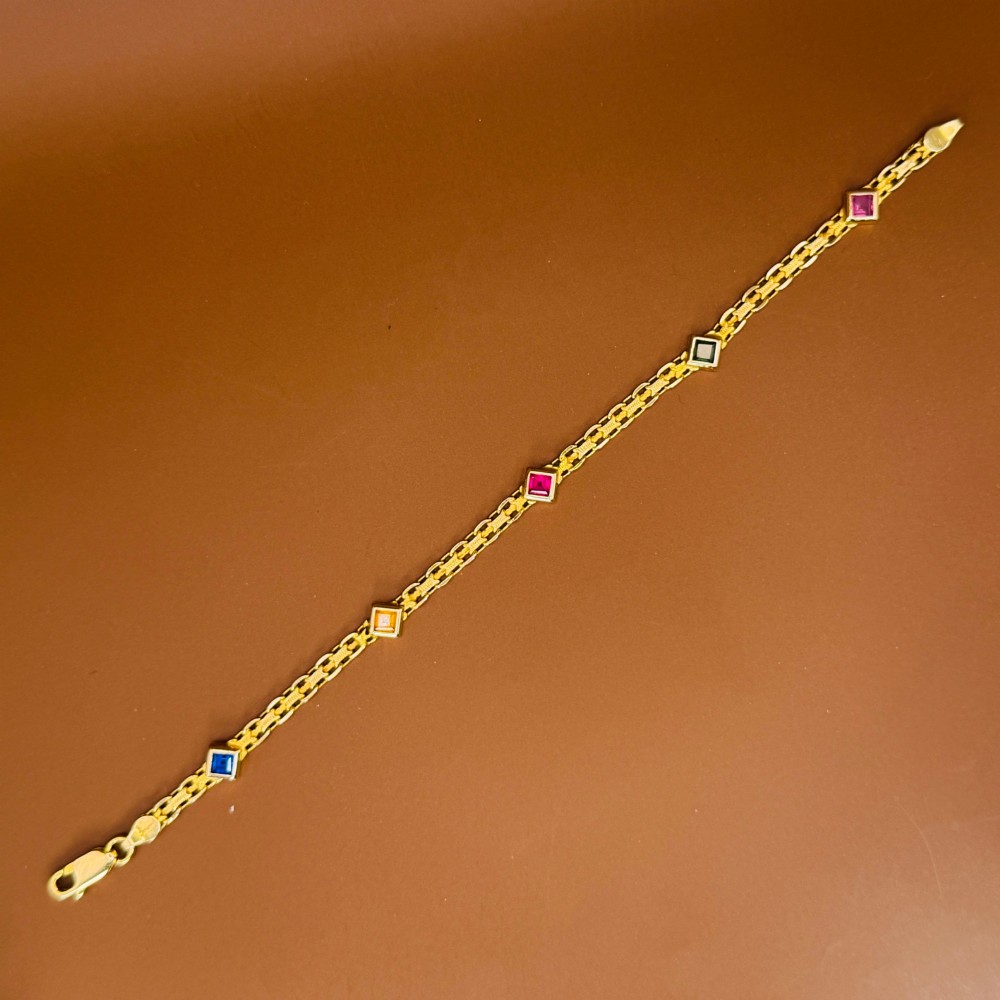 A 14ct yellow gold textured link bracelet featuring five square princess-cut multi-coloured gemstones. View IX