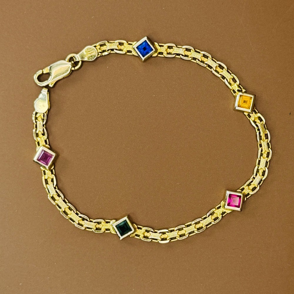 14ct Gold Vintage Italian Five Princess Cut Multi-Gem Stone Bracelet, 6.63 Grams C.1950's