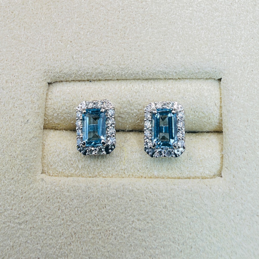 Platinum Emerald Cut Aquamarine and Diamond Cluster Stud Earrings