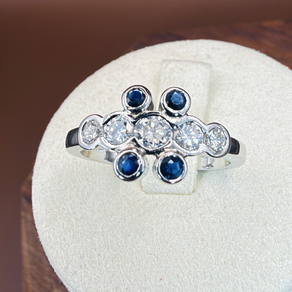 Platinum Five Stone Diamond (0.50ct) and Sapphire Ring 5.0g