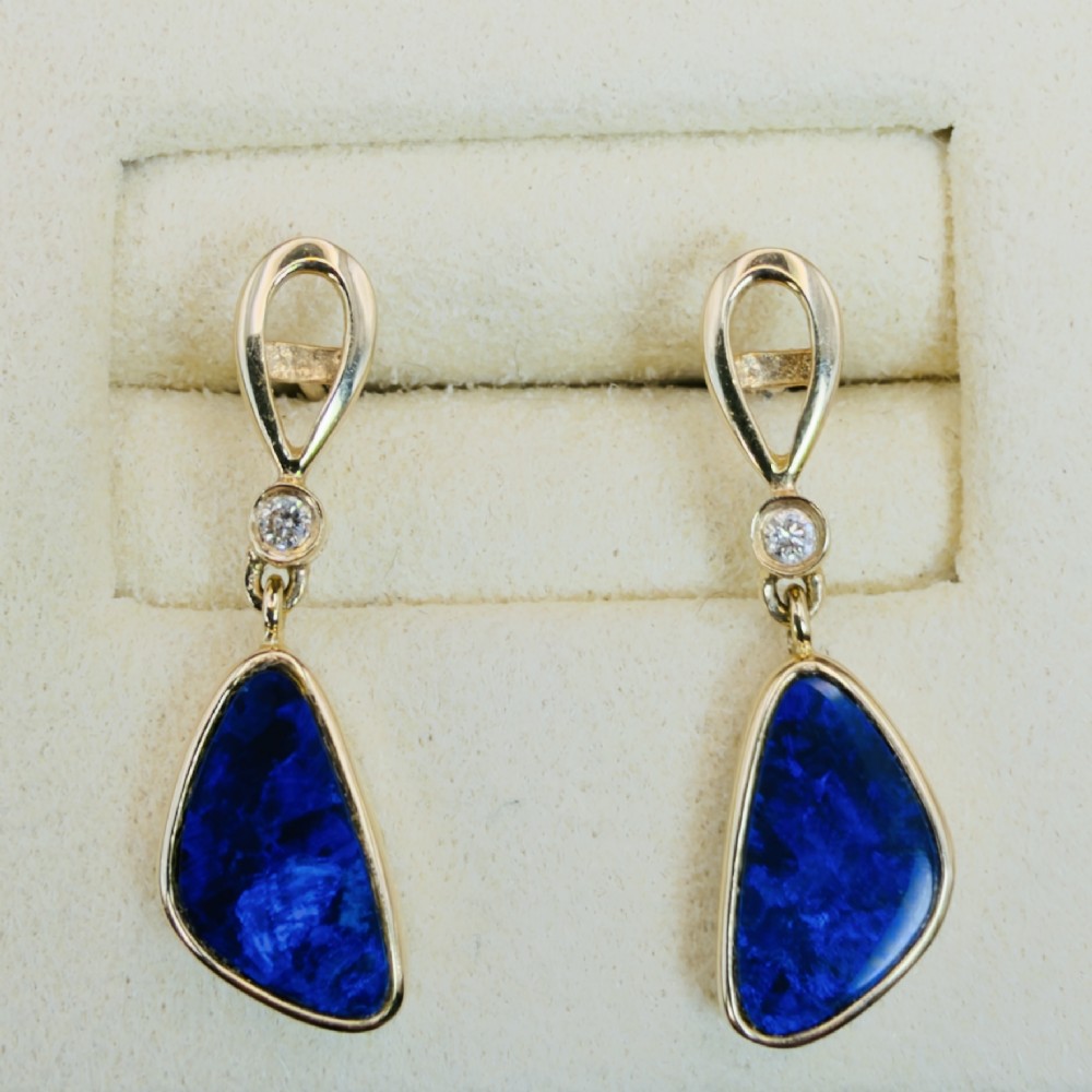18ct Gold Black Boulder Opal and Diamond Drop Stud Earrings View II