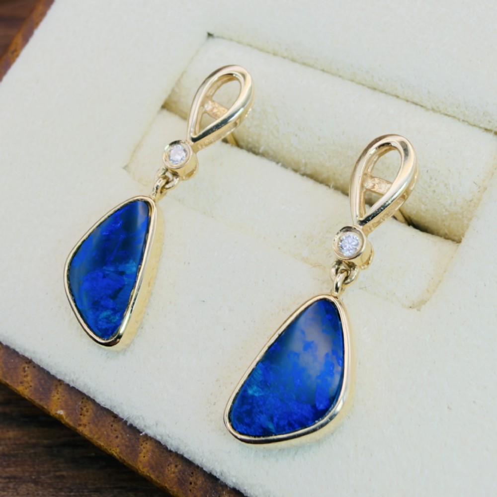 18ct Gold Black Boulder Opal and Diamond Drop Stud Earrings View III