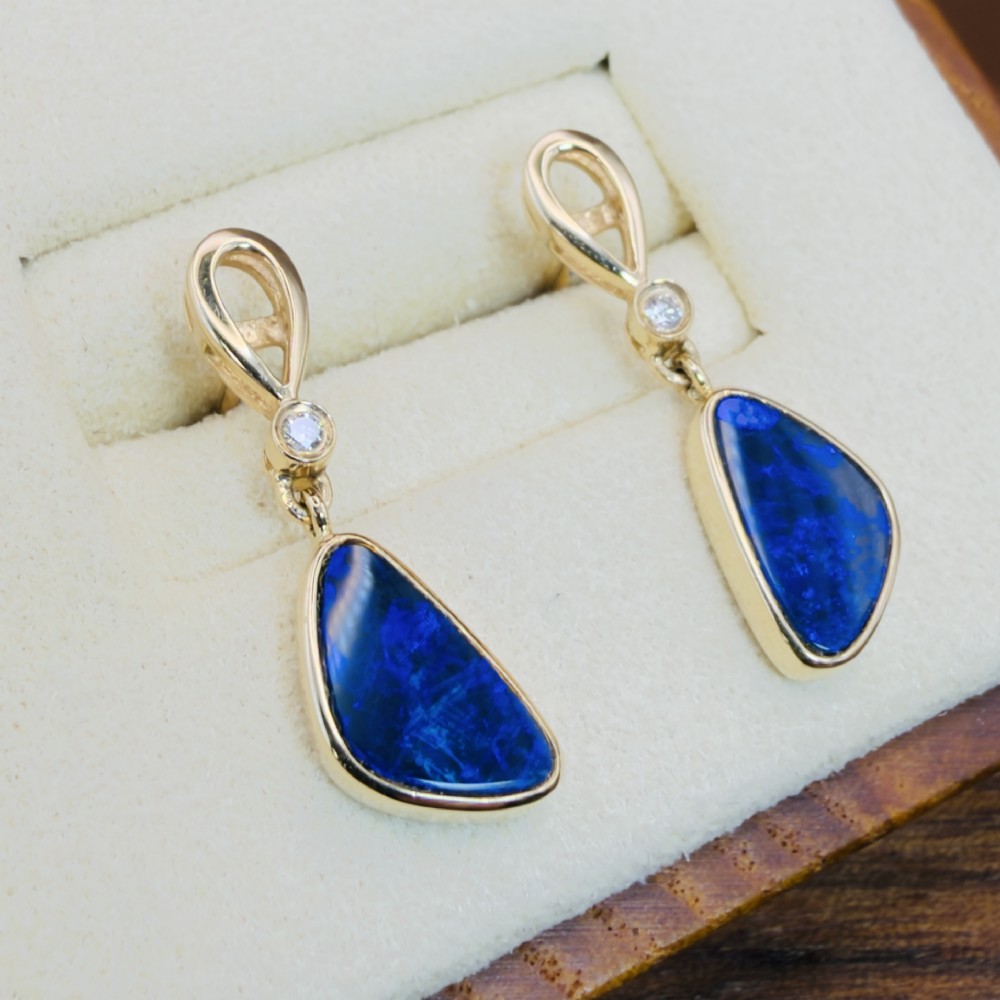 18ct Gold Black Boulder Opal and Diamond Drop Stud Earrings View IV