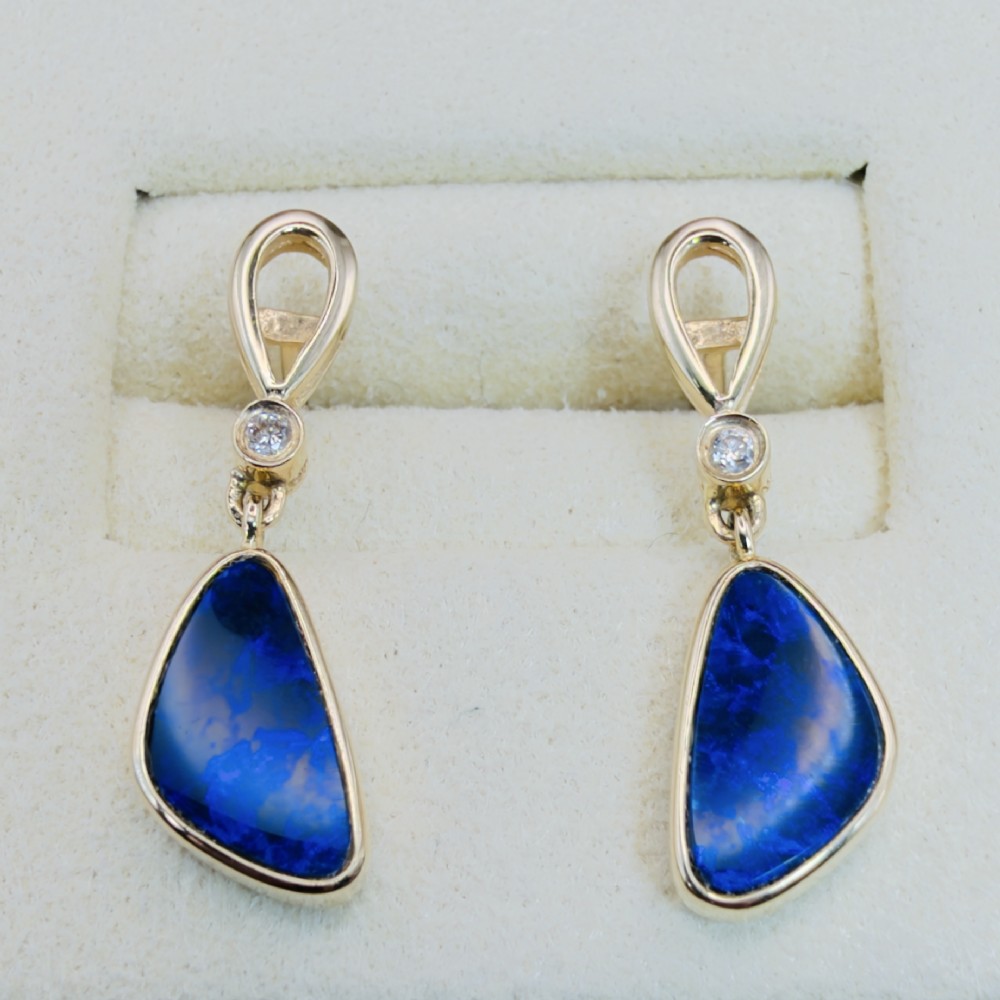 18ct Gold Black Boulder Opal and Diamond Drop Stud Earrings