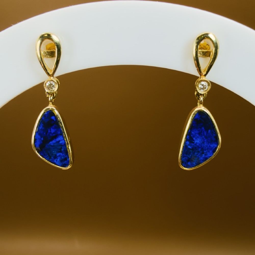 18ct Gold Black Boulder Opal and Diamond Drop Stud Earrings View V