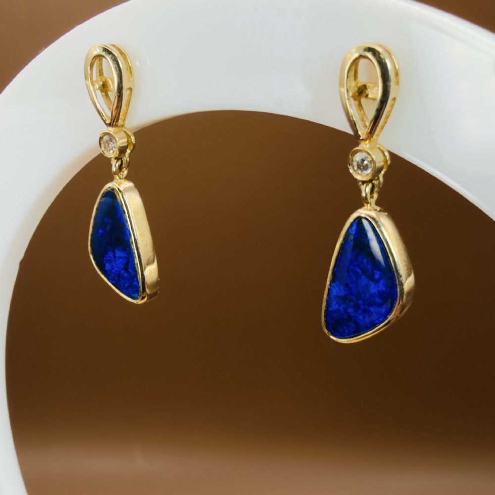 18ct Gold Black Boulder Opal and Diamond Drop Stud Earrings View VI