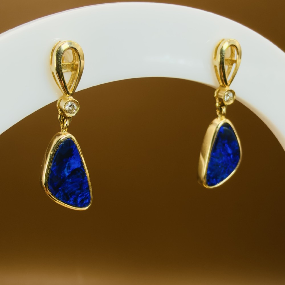 18ct Gold Black Boulder Opal and Diamond Drop Stud Earrings View VII