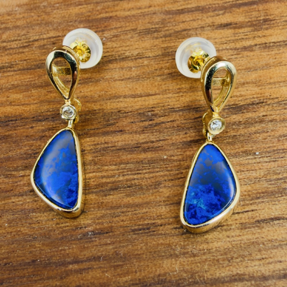 18ct Gold Black Boulder Opal and Diamond Drop Stud Earrings View IX