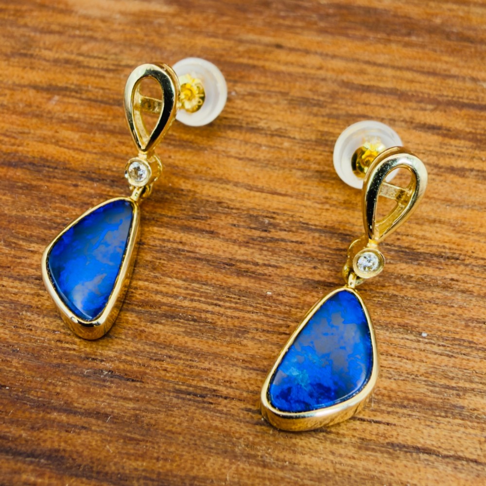 18ct Gold Black Boulder Opal and Diamond Drop Stud Earrings View X