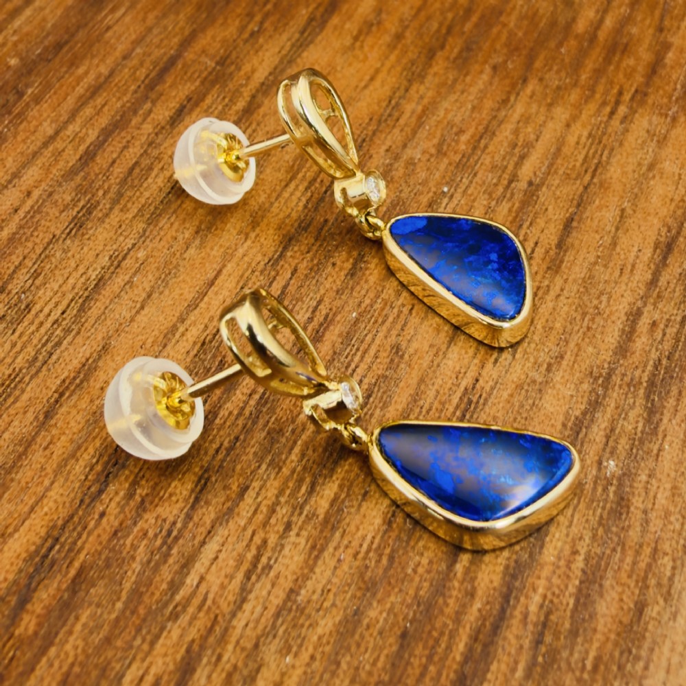 18ct Gold Black Boulder Opal and Diamond Drop Stud Earrings View XI