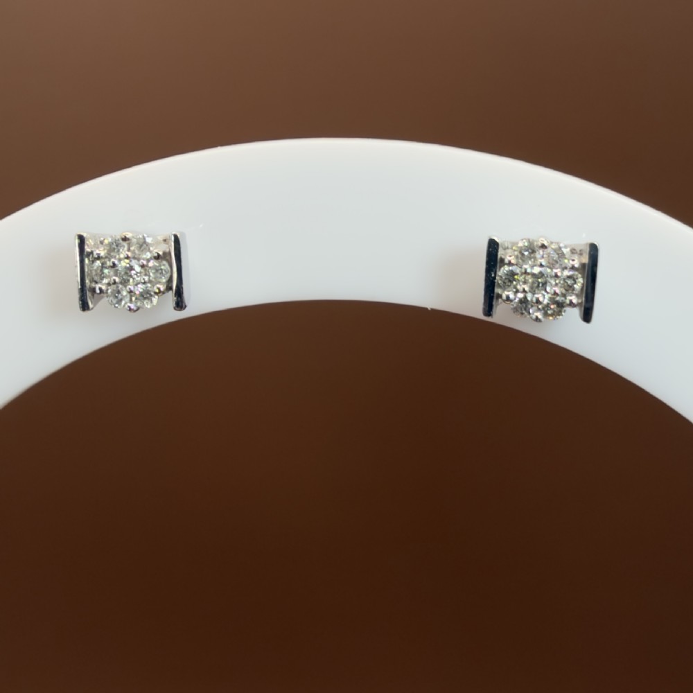 A white gold jewellery set consisting of a fine chain necklace with a round diamond cluster pendant and matching cluster stud earrings. View V