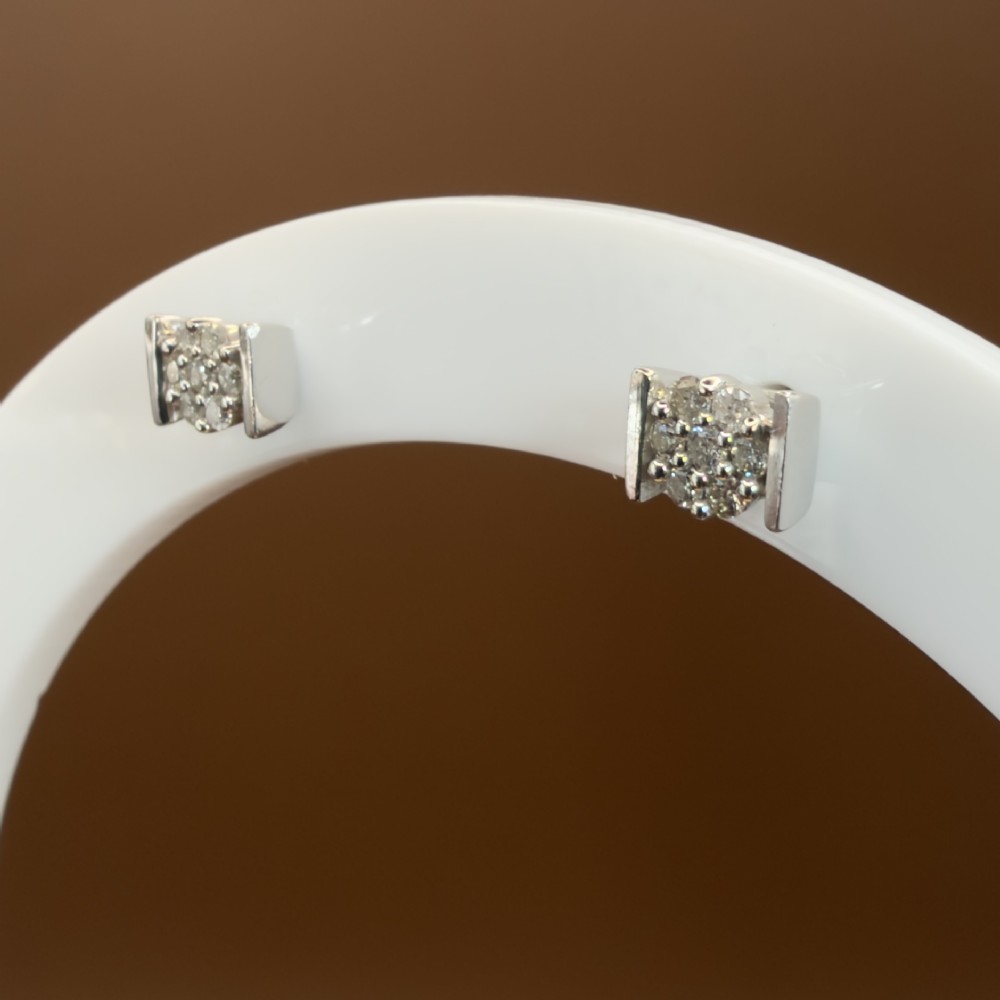 A white gold jewellery set consisting of a fine chain necklace with a round diamond cluster pendant and matching cluster stud earrings. View VI