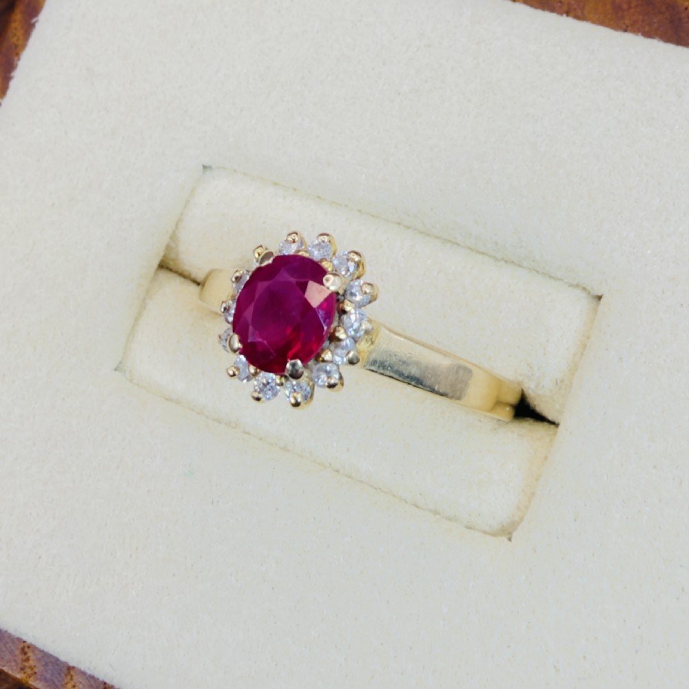 14ct Gold Ruby and Diamond Cluster Halo Ring View III