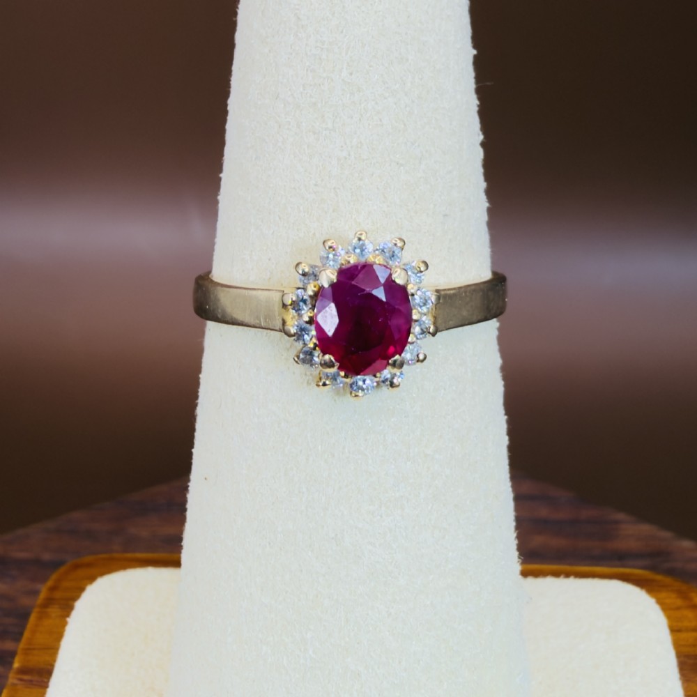 14ct Gold Ruby and Diamond Cluster Halo Ring View VI