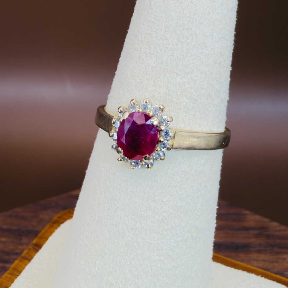 14ct Gold Ruby and Diamond Cluster Halo Ring View VII