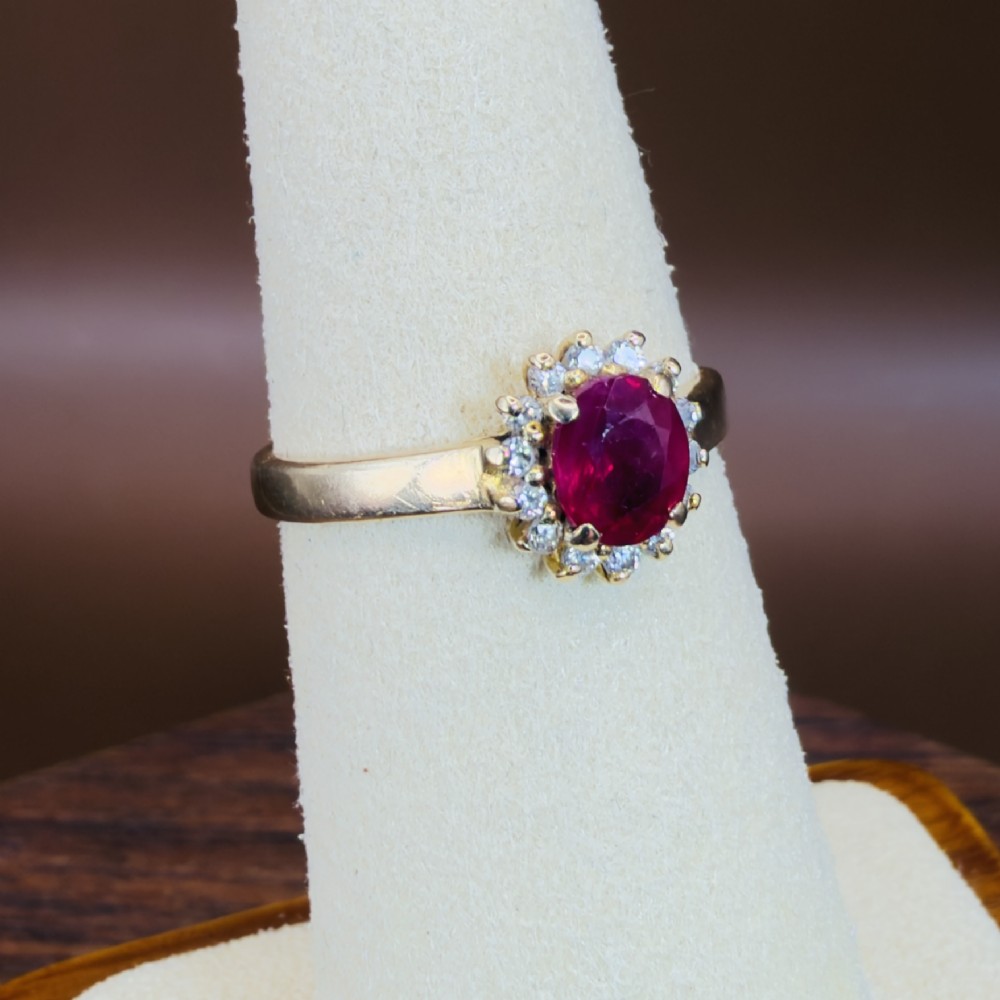 14ct Gold Ruby and Diamond Cluster Halo Ring View VIII