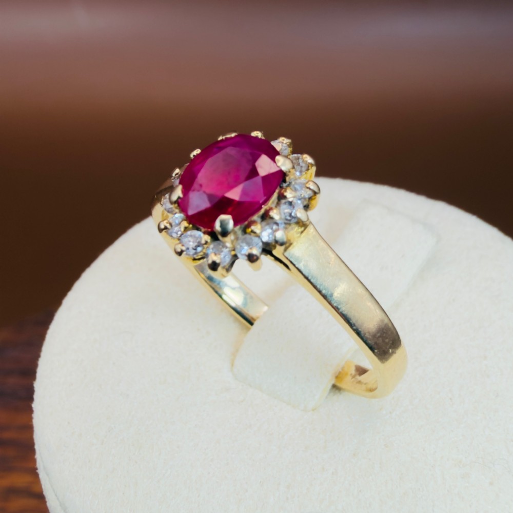 14ct Gold Ruby and Diamond Cluster Halo Ring View XI