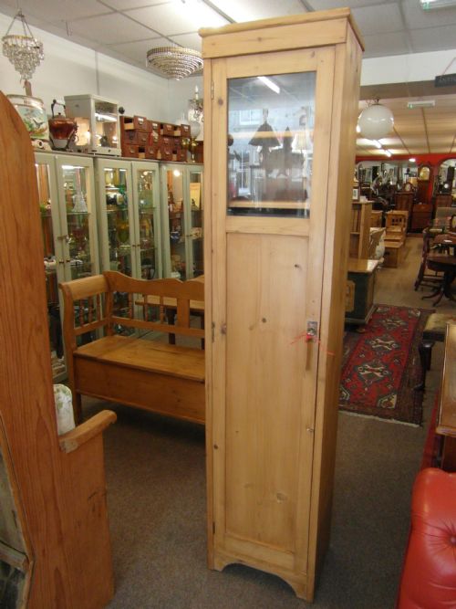 1900s tall pine cabinet with glazed panel - CATEGORY: ANTIQUE CABINETS - DATED 1900