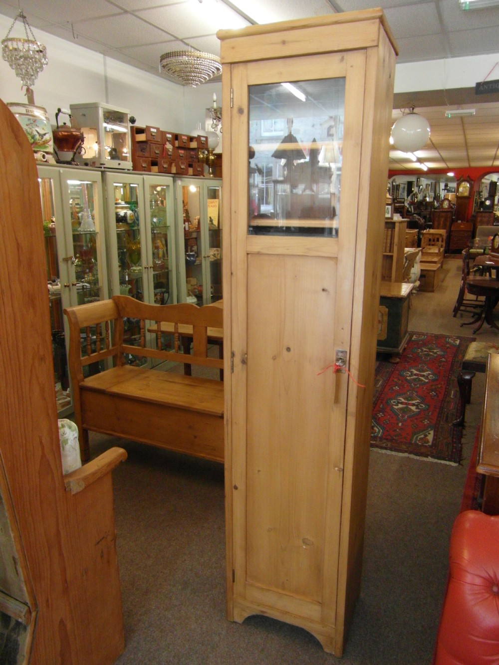 1900s Tall Pine Cabinet with Glazed Panel