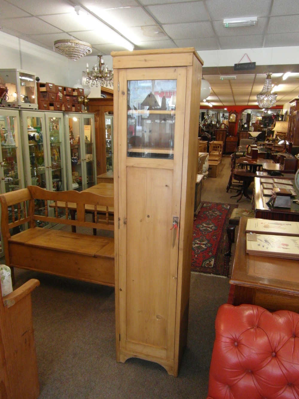 1900s Tall Pine Cabinet with Glazed Panel View V