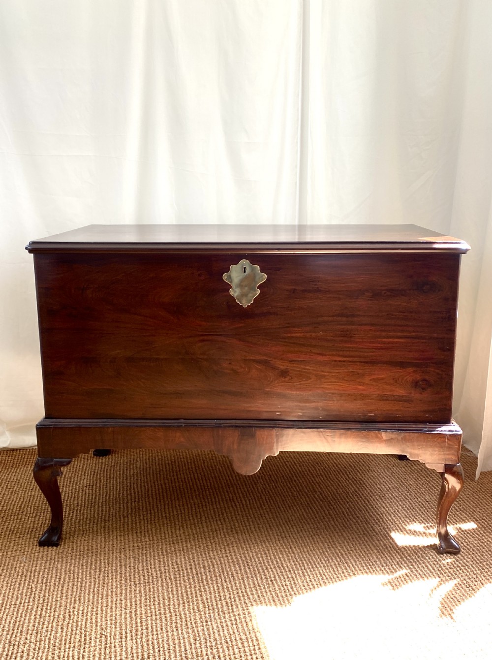 An Irish George III mahogany chest on a stand featuring a brass escutcheon, shaped apron, and carved cabriole legs. View XV
