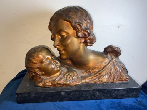 MOTHER CHILD BRONZE ON MARBLE FRENCH 19TH CENTURY ART NOUVEA