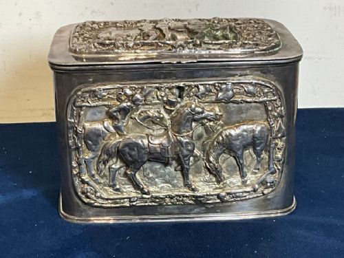 Tea Caddy Circa 1800 Silver Plate with Horse & Jokey's Scenes in Relief