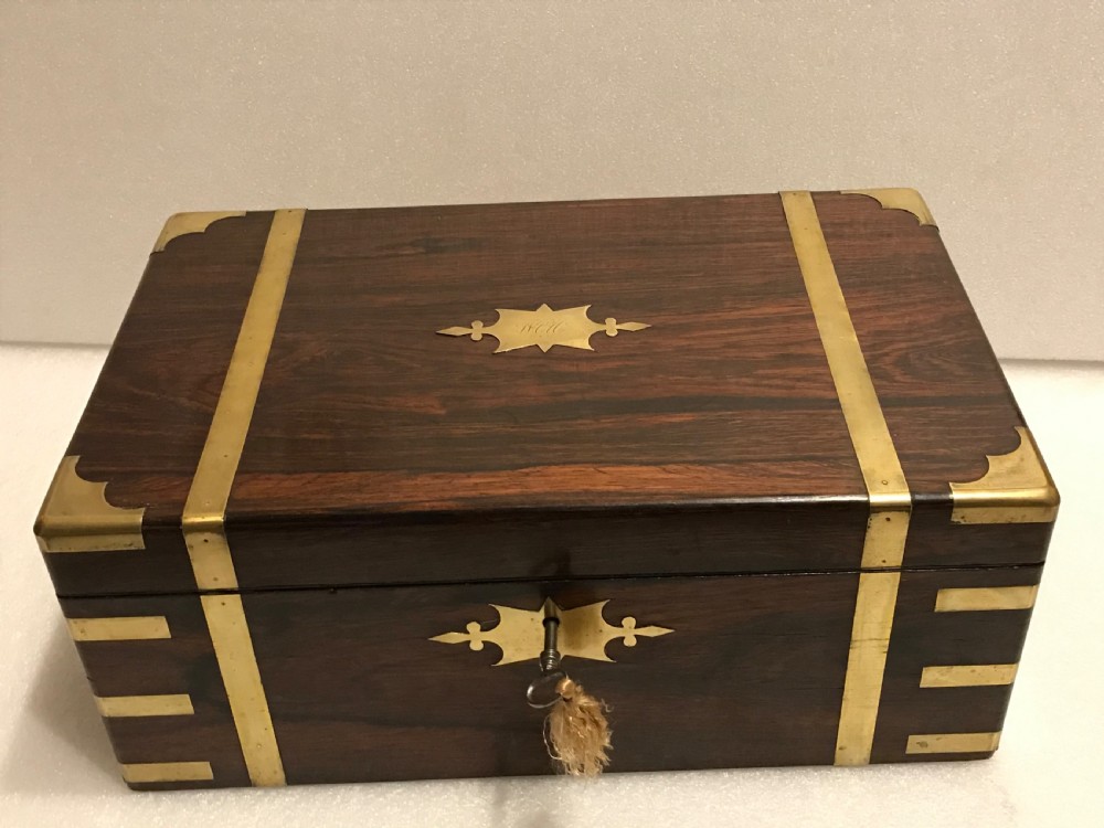 Superb writing box, brass bound rosewood and with working key  View II