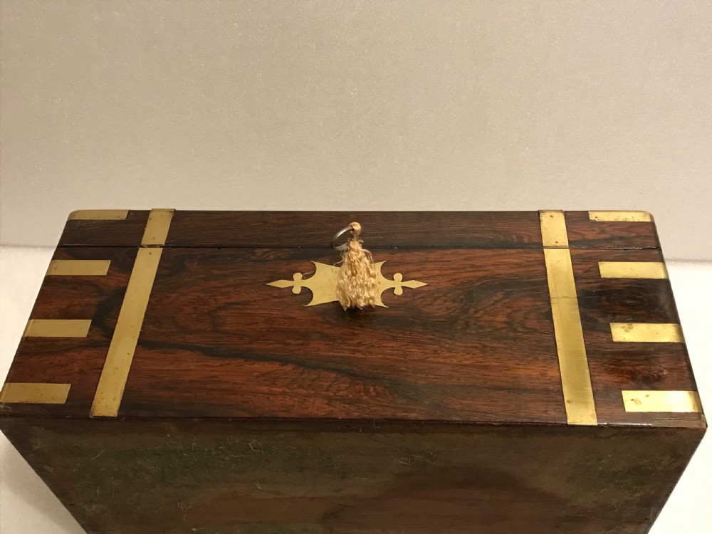 Superb writing box, brass bound rosewood and with working key  View V