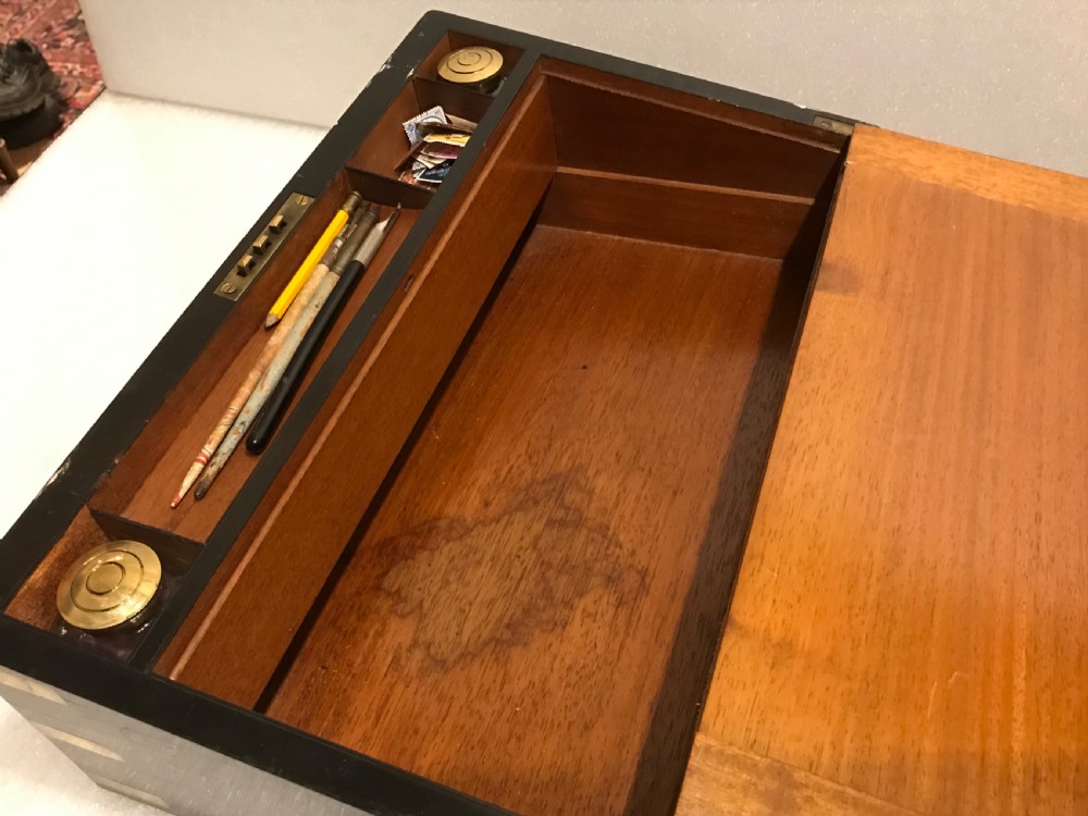 Superb writing box, brass bound rosewood and with working key  View X