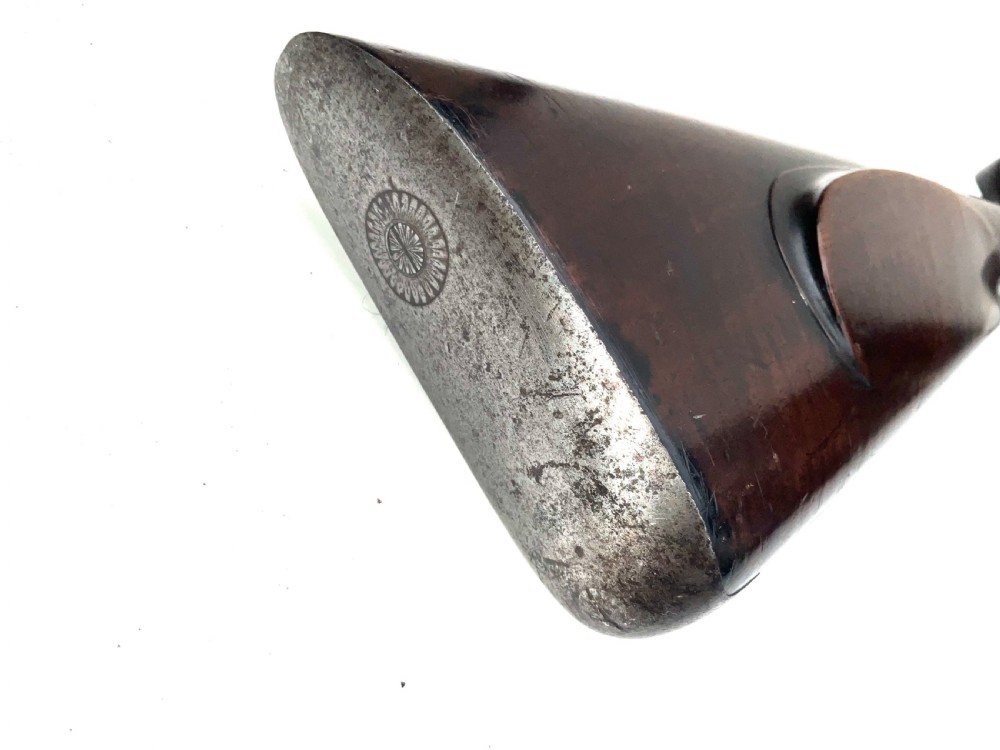 An antique nineteenth-century single-barrel percussion fowler featuring a dark polished walnut stock, steel trigger guard, and long smoothbore barrel. View XII