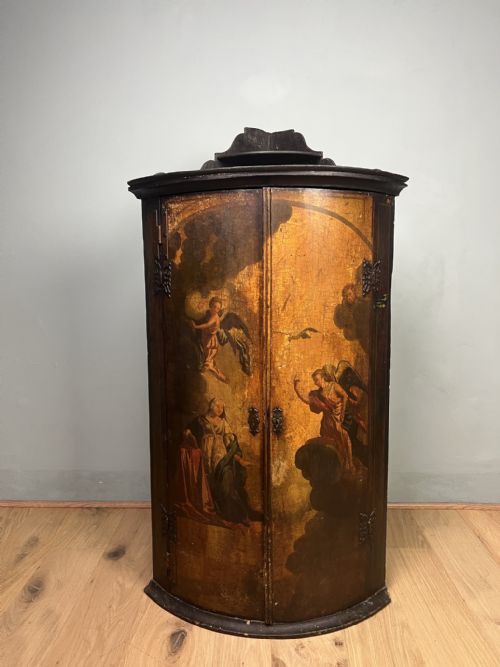 dutch painted bow front corner cupboard circa 1750 - CATEGORY: ANTIQUE CUPBOARDS - DATED 1750