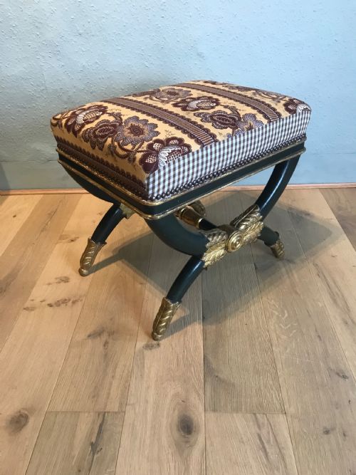 french painted and parcel gilt x frame stool - CATEGORY: ANTIQUE STOOLS - DATED 19TH CENTURY