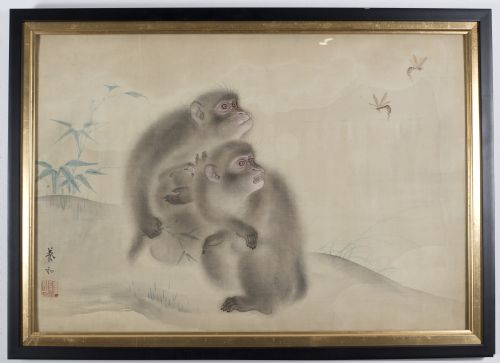 japanese painting on silk monkeys attacked by hornets - CATEGORY: ANTIQUE ART - DATED 1890