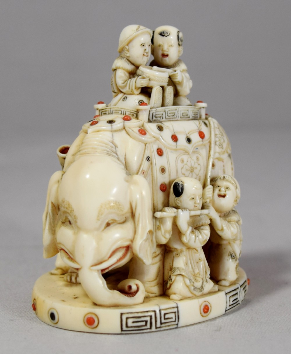 CHARMING JAPANESE IVORY SHIBAYAMA ELEPHANT GROUP View II