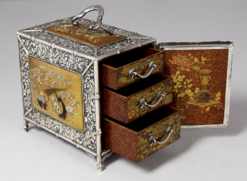 a fabulous miniature japanese silver shibayama kodansu - CATEGORY: ANTIQUE BOXES - DATED 1890