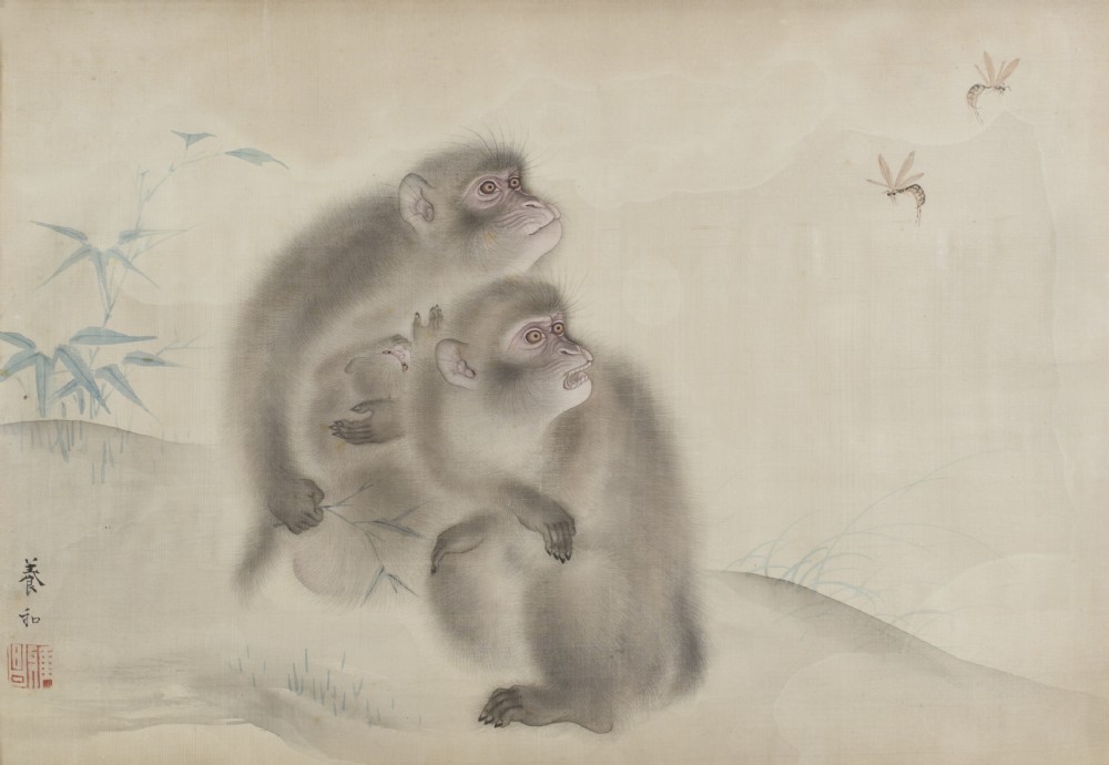 JAPANESE PAINTING ON SILK MONKEYS ATTACKED BY HORNETS  View II