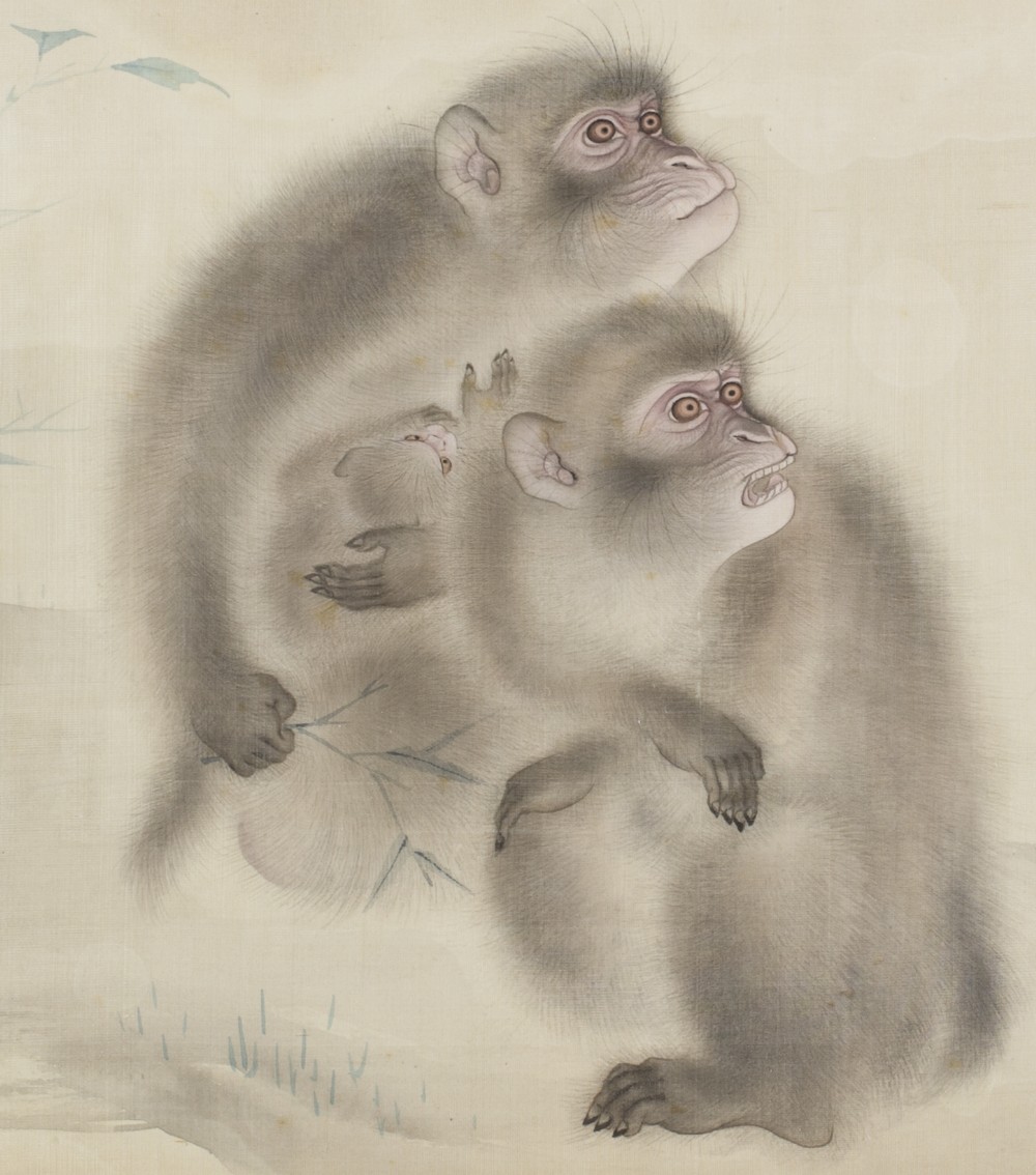 JAPANESE PAINTING ON SILK MONKEYS ATTACKED BY HORNETS  View III