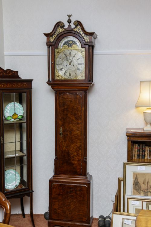 8 day brass and silver dial clock - CATEGORY: ANTIQUE CLOCKS - DATED 18TH CENTURY
