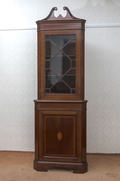 late victorian mahogany inlaid corner cupboard - CATEGORY: ANTIQUE CABINETS - DATED 19TH CENTURY