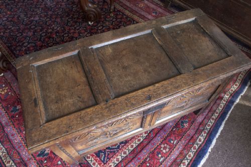 GOOD SMALL THREE PANEL OAK COFFER - ADDITIONAL PHOTO 2